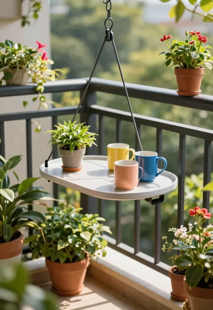 14 Balcony Furniture Ideas for Small Spaces That Fold or Stack 11 14 Balcony Furniture Ideas for Small Spaces That Fold or Stack - 10. Space-Saving Hanging Tables 1