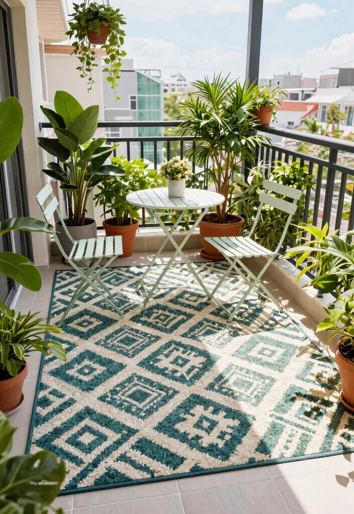 14 Balcony Furniture Ideas for Small Spaces That Fold or Stack 8 14 Balcony Furniture Ideas for Small Spaces That Fold or Stack - 7. Weather-Resistant Outdoor Rugs for Comfort 1