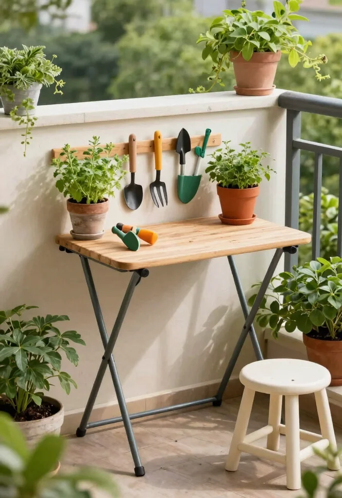 14 Balcony Furniture Ideas for Small Spaces That Fold or Stack 9 14 Balcony Furniture Ideas for Small Spaces That Fold or Stack - 8. Wall-Mounted Folding Workbench for Gardening 1