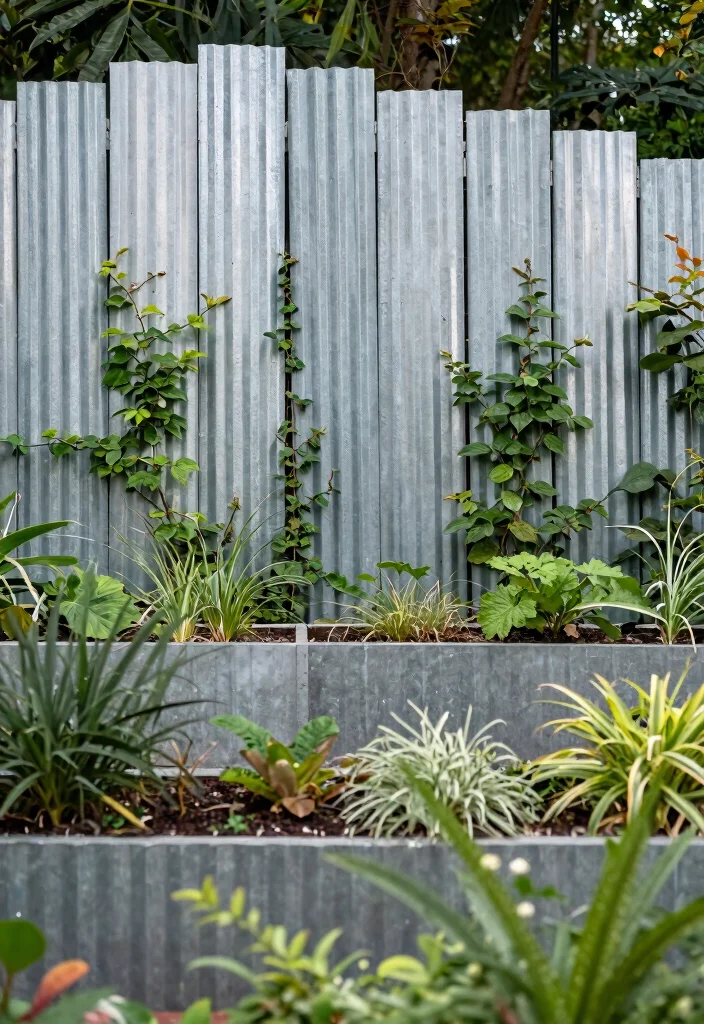 14 Corrugated Metal Fence Ideas That Block Noise and Nosy Neighbors 13 14 Corrugated Metal Fence Ideas That Block Noise and Nosy Neighbors - 12. Mixed Heights for Drama 1