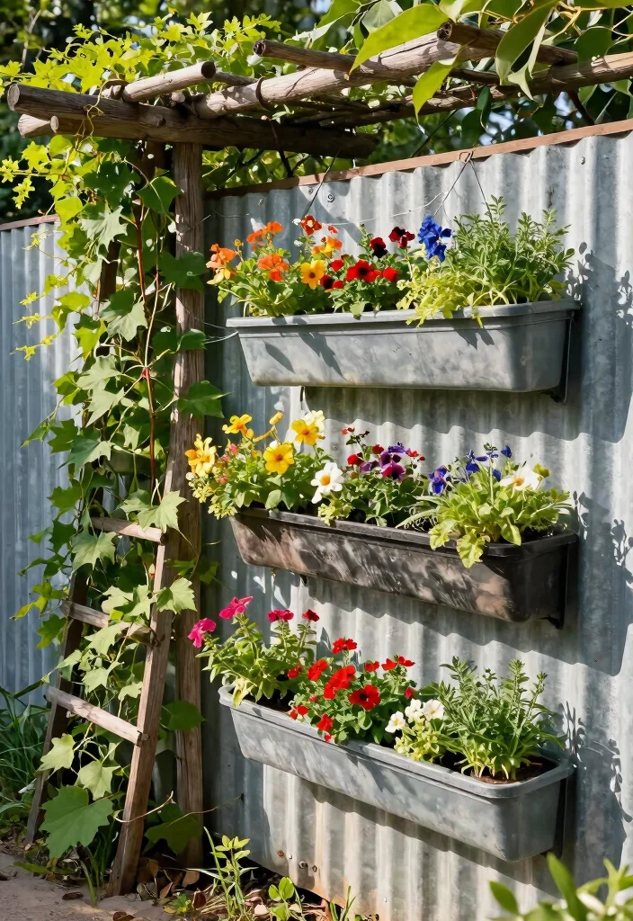 14 Corrugated Metal Fence Ideas That Block Noise and Nosy Neighbors 4 14 Corrugated Metal Fence Ideas That Block Noise and Nosy Neighbors - 3. Vertical Garden Integration 1