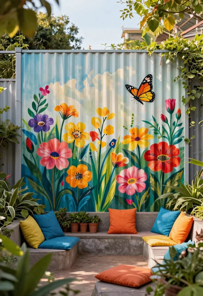 14 Corrugated Metal Fence Ideas That Block Noise and Nosy Neighbors 9 14 Corrugated Metal Fence Ideas That Block Noise and Nosy Neighbors - 8. Artistic Murals 1