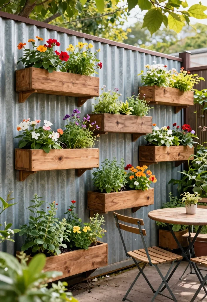14 Corrugated Metal Fence Ideas That Block Noise and Nosy Neighbors 10 14 Corrugated Metal Fence Ideas That Block Noise and Nosy Neighbors - 9. Planter Box Integration 1