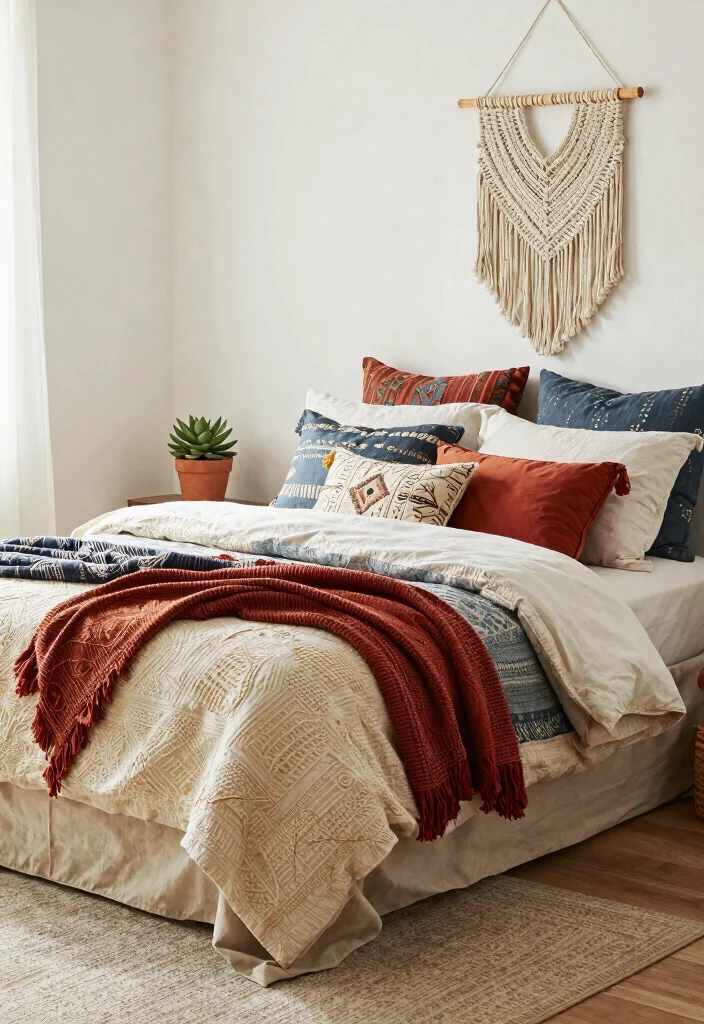 14 Farmhouse Bedding Set Ideas That Feel Cozy Without Looking Cluttered 7 14 Farmhouse Bedding Set Ideas That Feel Cozy Without Looking Cluttered - 6. Boho-Chic Vibes 1