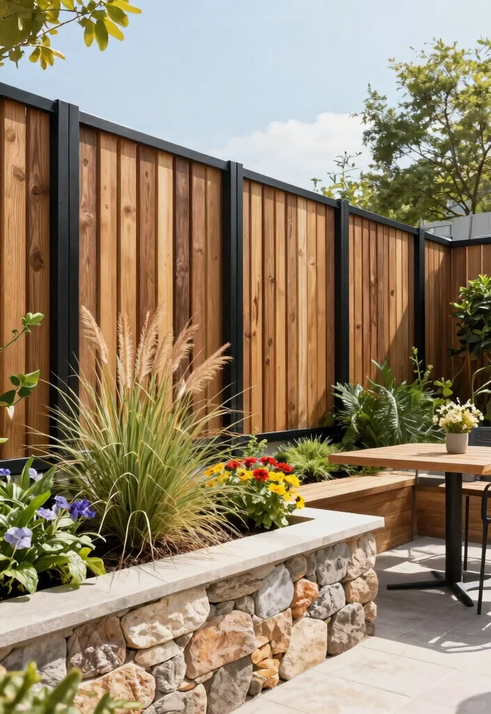 14 Modern Wood Fence Ideas That Provide Full Privacy Fast 5 14 Modern Wood Fence Ideas That Provide Full Privacy Fast - 4. Mixed Materials for a Trendy Look 1