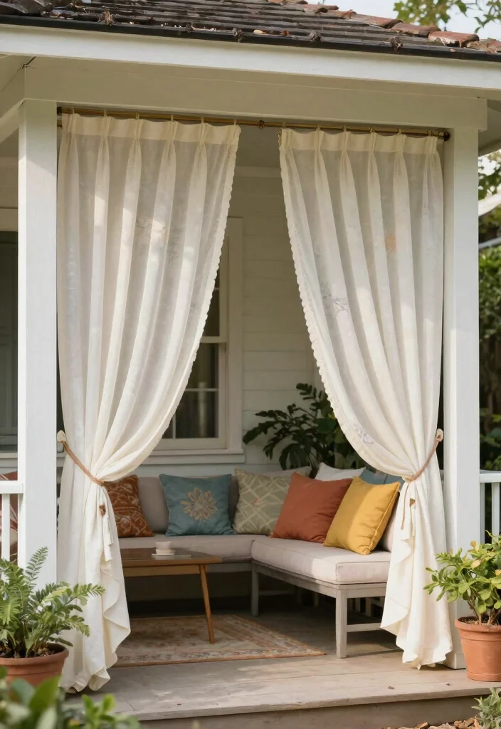 14 Small Front Porch Decor Ideas That Make a Tiny Entry Feel Welcoming 14 14 Small Front Porch Decor Ideas That Make a Tiny Entry Feel Welcoming - 13. Decorative Outdoor Curtains 1