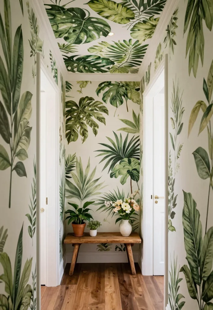 14 Wallpaper Ceiling Hallway Ideas That Make a Narrow Space Feel Taller 2 14 Wallpaper Ceiling Hallway Ideas That Make a Narrow Space Feel Taller - 1. Lush Botanical Prints 1