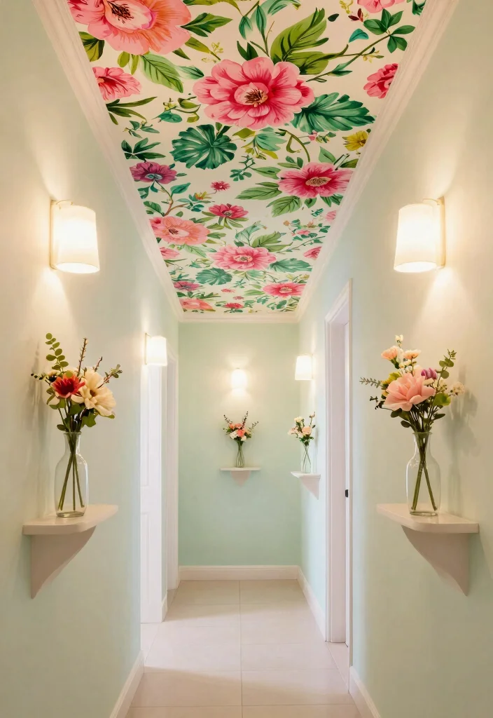 14 Wallpaper Ceiling Hallway Ideas That Make a Narrow Space Feel Taller 5 14 Wallpaper Ceiling Hallway Ideas That Make a Narrow Space Feel Taller - 4. Floral Overhead Oasis 1