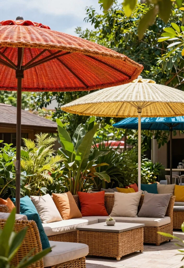 14 Wicker Patio Furniture Sets That Won't Fall Apart in Rain 13 14 Wicker Patio Furniture Sets That Won't Fall Apart in Rain - 12. Vibrant Wicker Patio Umbrellas 1