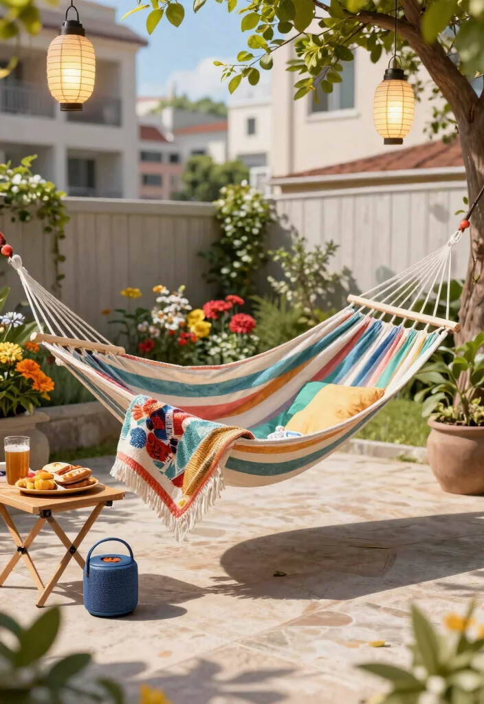 15 Backyard Hammock Ideas That Don't Need Two Perfect Trees 16 15 Backyard Hammock Ideas That Don't Need Two Perfect Trees - 15. Hammock ‘Vibes’ with Accessories 1