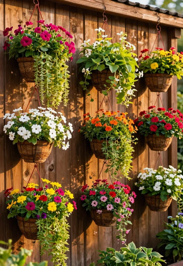 15 Garden Wall Planter Ideas That Hide Ugly Fences 14 15 Garden Wall Planter Ideas That Hide Ugly Fences - 13. Hanging Baskets for Drama 1