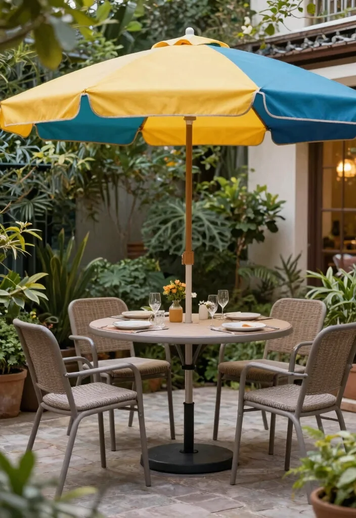 15 Outdoor Dinner Table Ideas That Seat More Without Taking Up Space 12 15 Outdoor Dinner Table Ideas That Seat More Without Taking Up Space - 11. Table with Umbrella Stand 1