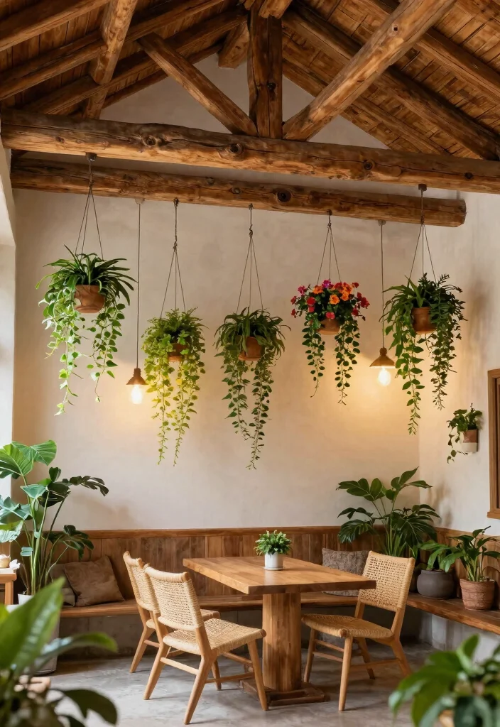 15 Vaulted Ceiling Beams Ideas That Make Low Ceilings Feel Taller 2 15 Vaulted Ceiling Beams Ideas That Make Low Ceilings Feel Taller - 1. Rustic Wooden Beams with Hanging Plants 1